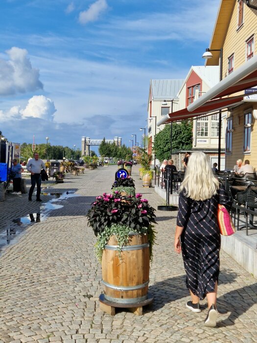 Gatuvy med kullersten, blomsterlådor, människor och trähus under delvis molnig himmel.