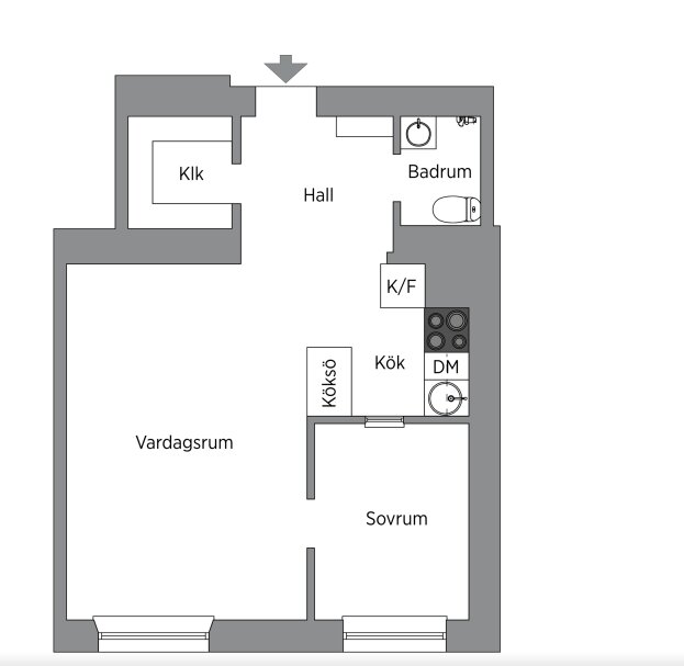 Ritning av lägenhet; sovrum, vardagsrum, kök, badrum, hall, klädkammare. Möblering indikerad.
