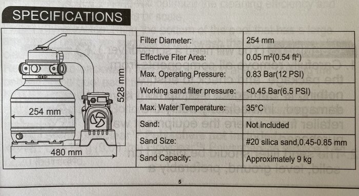 Teknisk manualbild som visar specifikationer för ett sandfilter till pool. Mått och kapacitet anges.