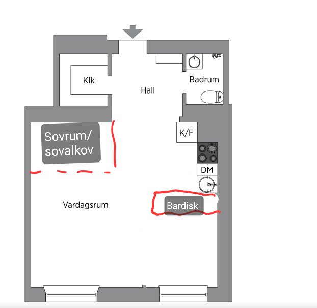 Svensk lägenhetsplan med markerad bardisk i kök/vardagsrum, sovrum, badrum och hall.
