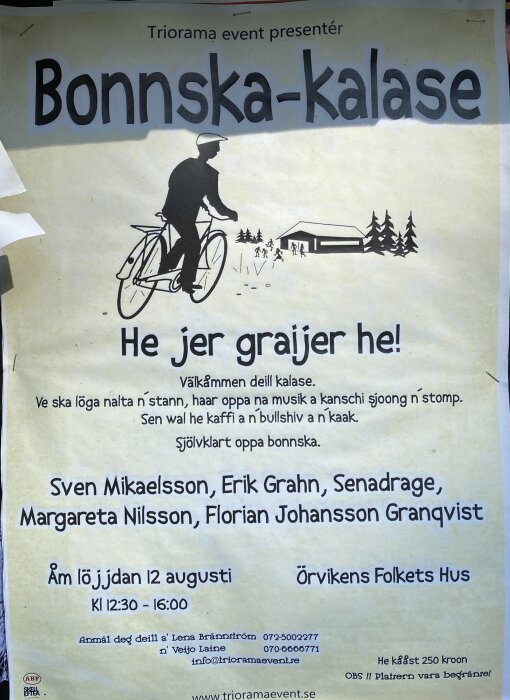 Affisch för "Bonn­ska-Kalase", innehåller datum, tid, plats, arrangörer, välkomnande på dialekt, illustration av cyklist och natur.