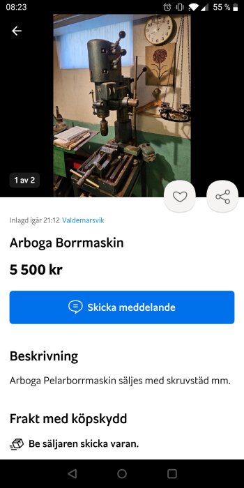 Arboga pelarborrmaskin till salu med verktyg för 5500 kr på annonsplattform, frakt möjlig.