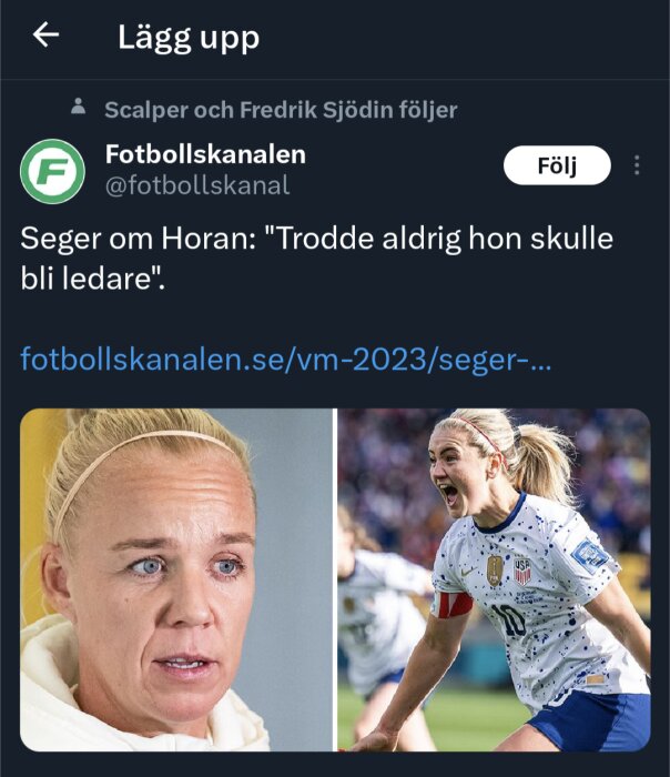 Skärmdump från Twitter med två kvinnliga fotbollsspelare, en intervju och en firar ett mål.