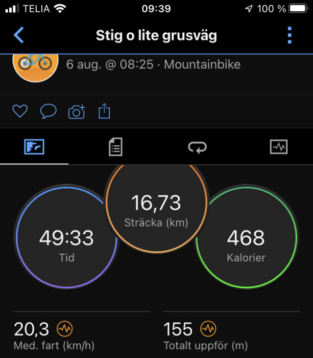 Skärmdump av aktivitetsspårningsapp som visar mountainbike-data: sträcka, tid, kalorier, medelfart och total stigning.