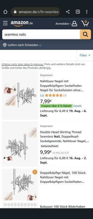 Skärmbild av Amazon.de, sökning på "seamless nails", resultat med priser, stjärnbetyg och köpalternativ.