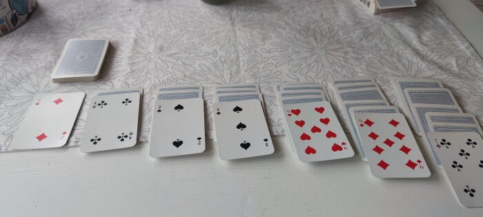 Kortlekar, spelstart, sju kolumner, Solitaire-arrangemang, ommönstrad duk.
