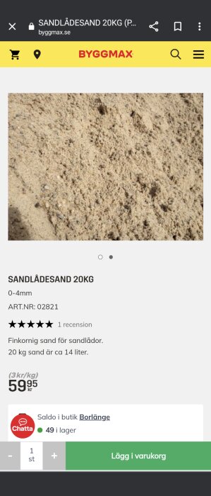 Webbsida för köp av sandlådesand, 20 kg, från Byggmax, pris och lagerstatus inkluderat.