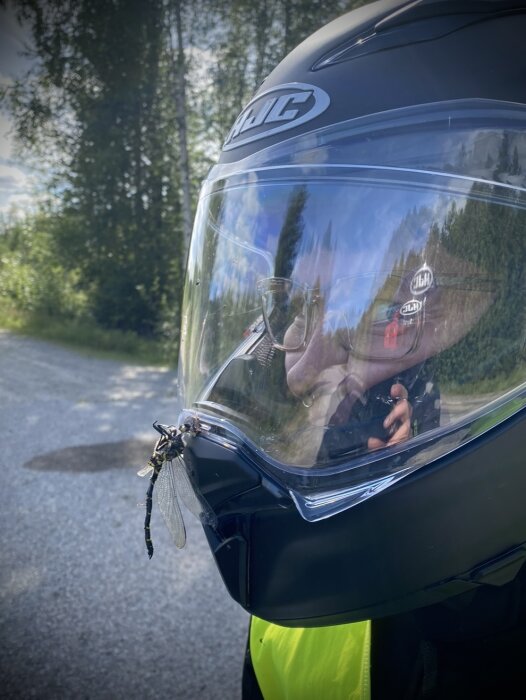Motorcykelhjälm med trollslända på visiret, spegling av person som fotar, grönska i bakgrunden.