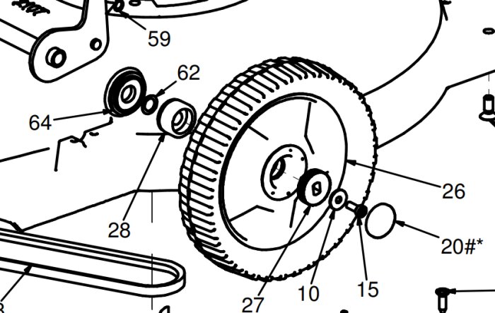 Teknisk ritning av mekaniska delar, troligen för en maskin eller mekanisk utrustning, med markerade komponentnummer.