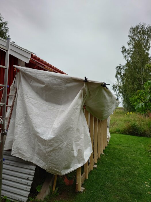 Trädgård, hängande vit presenning på torkställning, röd stuga, grå himmel, grön gräsmatta, natur.