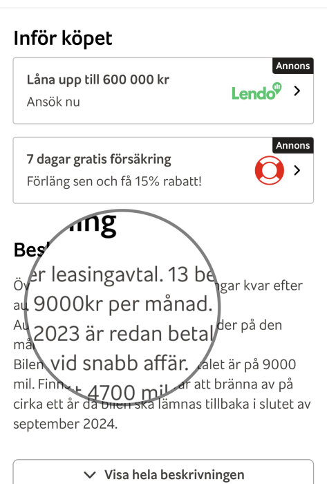 Skärmklipp av text, annonser från "Lendo" och ett fordonserbjudande, leasingavtal, kostnader och villkor beskrivs.