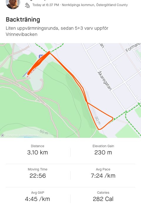 Skärmavbild GPS-spårning av löpning. 3,1 kilometer, höjdförändring, tid, tempo och förbrända kalorier visas.