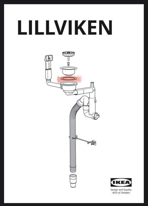 IKEA LILLVIKEN avloppstillbehör illustration för kökssyfte, svartvitt schema, rör och kopplingar, minimalistisk design.