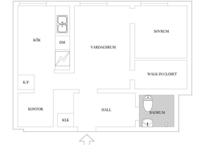 Planritning av en lägenhet: kök, vardagsrum, sovrum, kontor, badrum, walk-in-closet, och hall markerade.