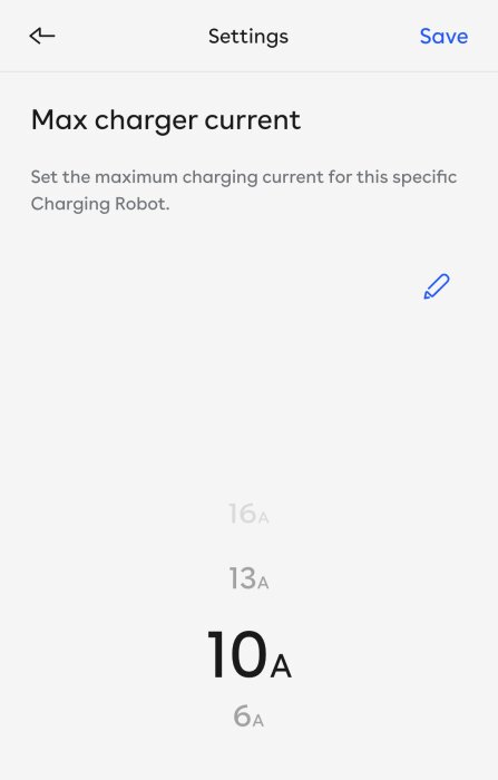 Mobilskärm med inställningar för max laddningsström, valalternativ 6A till 16A, ikon för spara.