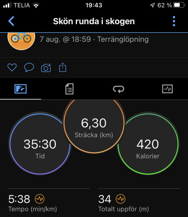 Skärmdump av löparapp som visar distans, tid, kalorier, tempo, höjd från terränglöpning.
