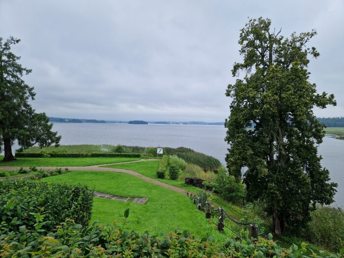 En lugn park med gröna buskar, ett träd, gräsplan och en utsikt över en sjö under en molnig himmel.