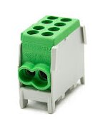 Grön plastanslutningsklemma för elektriska ledningar med skruvanslutning, isolerad mot vit bakgrund.