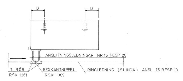 Teknisk ritning av rörsystem, med komponenter och mått specificerade på svenska.