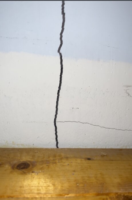 En spricka i en vit vägg ovanför ett träpanelgolv. Strukturproblem eller normalt husnederbörd.