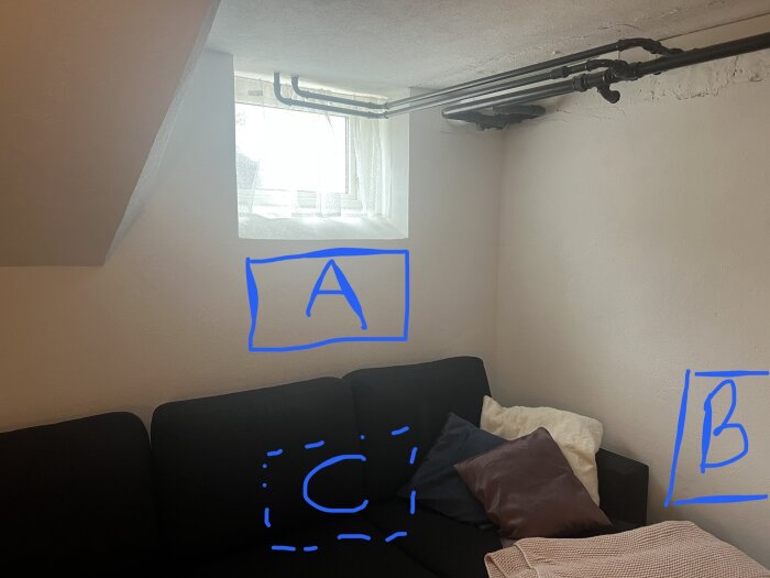 Inomhusrum med soffa, fönster och blåa markeringar A, B, C.