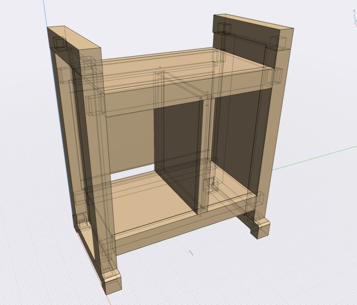 CAD-modell av en trähylla med två hyllplan och robusta ben, visad i 3D-vy.