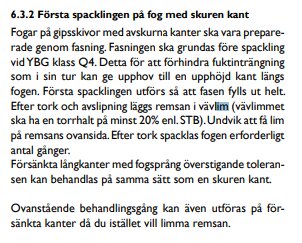 Text på svenska, instruktioner för spackling av fog med skuren kant, hantverk, byggbranschen.