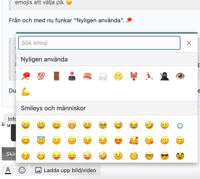 Skärmdump av emoji-panel på en dator, med kategorier för uttryckssymboler och mänskliga figurer.