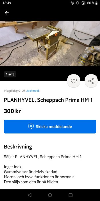 Annons för begagnad planhyvel, Scheppach Prima HM 1, skadade delar, säljs som den är.