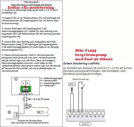 Instruktioner för installation av poolstyrning och anslutning till bergvärmepump, med diagram och elektrisk kopplingsschema.