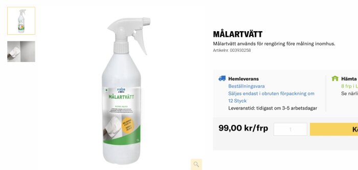 Flaska med märket 'Målartvätt', för rengöring, vit med grön etikett, 99 SEK per förpackning, webbshopssida.