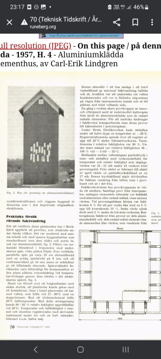 Skärmbild av en artikel med foto och ritning om aluminiumklädda elementhus, ur Teknisk Tidskrift 1957.