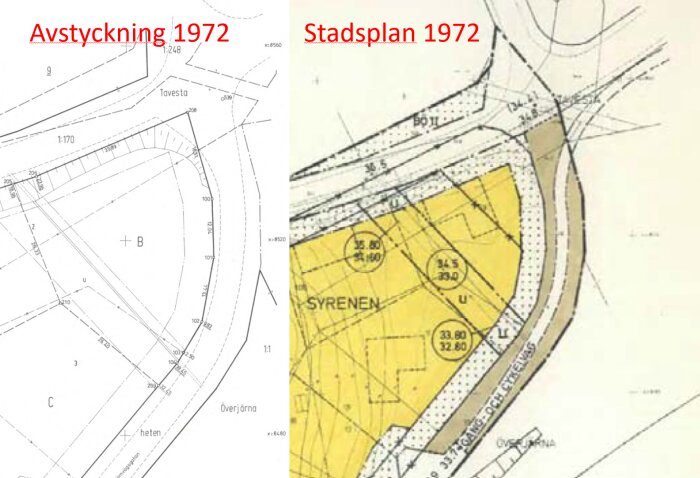 Två kartutdrag från 1972: markavstyckningar och stadsplan, tekniska ritningar, detaljerade mätningar.