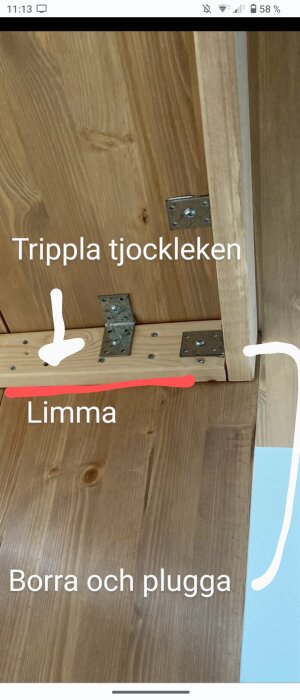 Träsnickeri, metoder markerade för förstärkning: trippel förtjockning, limning och användning av borrad plugg.