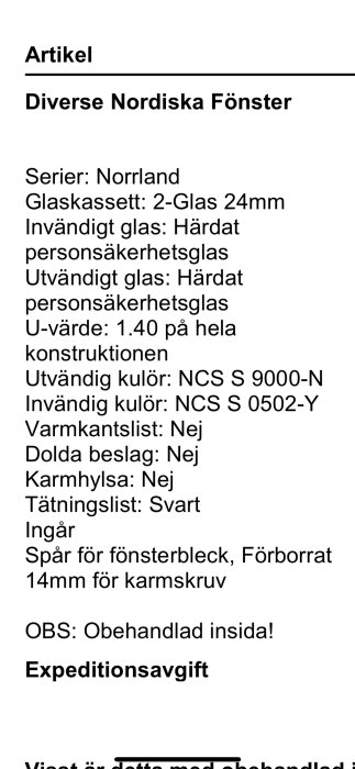 Svensk text som beskriver egenskaper hos "Diverse Nordiska Fönster". Inkluderar specifikationer som glastyp och U-värde.