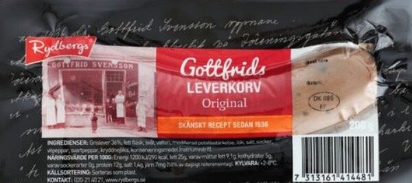 Förpackning av Götthrids leverkorv, originalrecept sedan 1936, innehållsförteckning, streckkod, svart bakgrund.