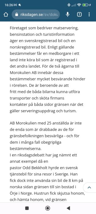 Bild av text från riksdagen.se om gränsöverskridande bilanvändning och regelproblem för företag och privatpersoner.