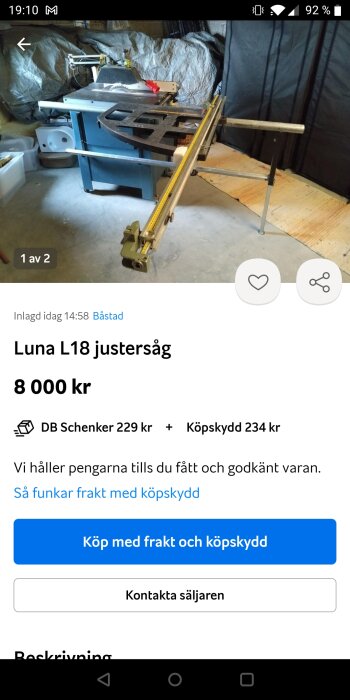 En Luna L18 justersåg till salu för 8000 kronor i en verkstadsmiljö.