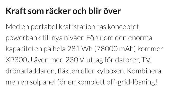Text om en högkapacitets portabel kraftstation, 281 Wh, 230V uttag, kan kombineras med solpanel.