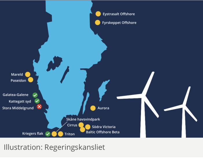 Karta över föreslagna vindkraftsområden i havet med symboler för status, vindkraftverksillustration, "Regeringskansliet".