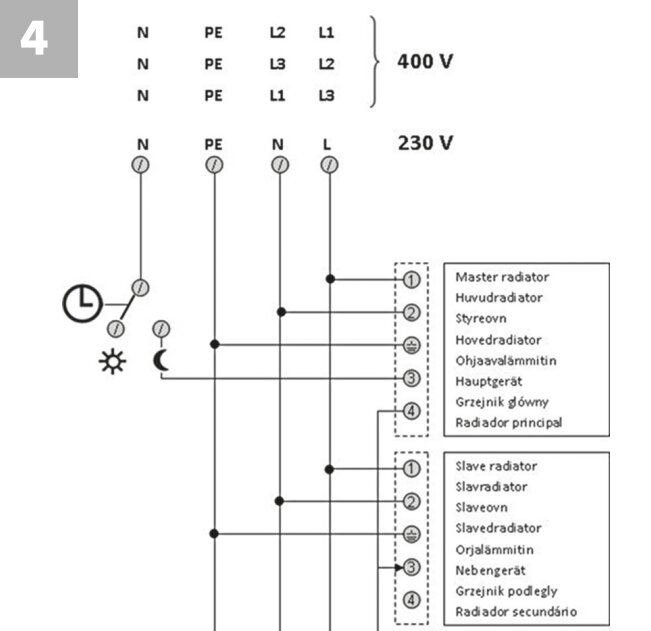 Elektriskt schema över kopplingar för värmesystem med master- och slavradiator, 400V och 230V strömkällor.