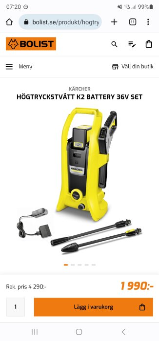 Gul Kärcher högtryckstvätt, batteridriven, med tillbehör, produktbeskrivning och pris på webbshop.