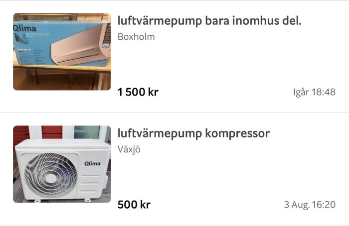 Annonser för luftvärmepumpar, inomhusdel och kompressor, olika priser och städer.