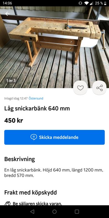 Använd snickarbänk till salu, 640 mm hög, trä, på veranda, begagnad, för 450 kronor.