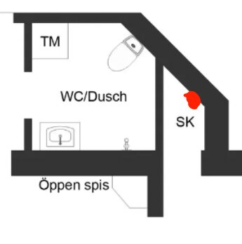 Schematisk ritning av en våningsplanslayout med markerade utrymmen: toalett/dusch, teknikrum och skafferi.