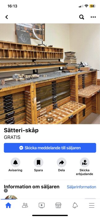 Verkstad med träskåp och lådor, arbetsbänkar, typsnitt och verktyg, erbjudet gratis på annonsplattform.