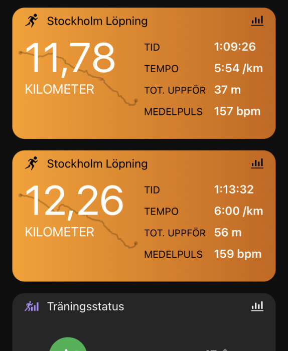 Två löppass i Stockholm; distans, tid, tempo, höjdstigning och medelpuls presenteras på en aktivitetsapp.