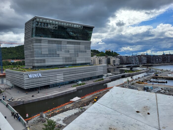 Modern byggnad med texten "MUNCH", vattendrag, byggområde, molnig himmel, stadsmiljö, fotgängare.