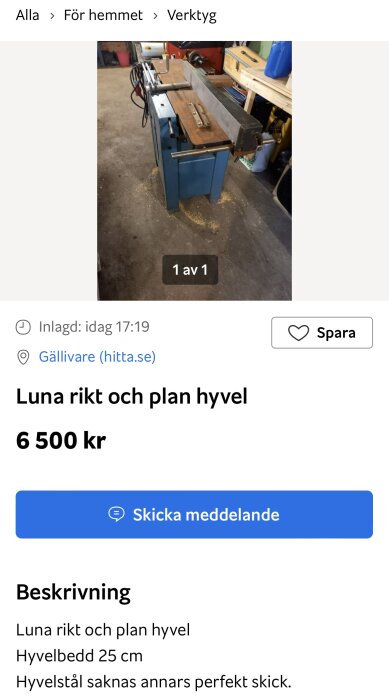 Annons för en begagnad Luna rikt och planhyvel i blått, pris 6 500 kr, hyvelstål saknas.