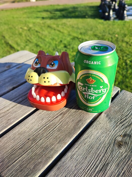 Ett "bite toy" i form av en hund och en grön Carlsberg Hof ölburk på en träbänk utomhus.
